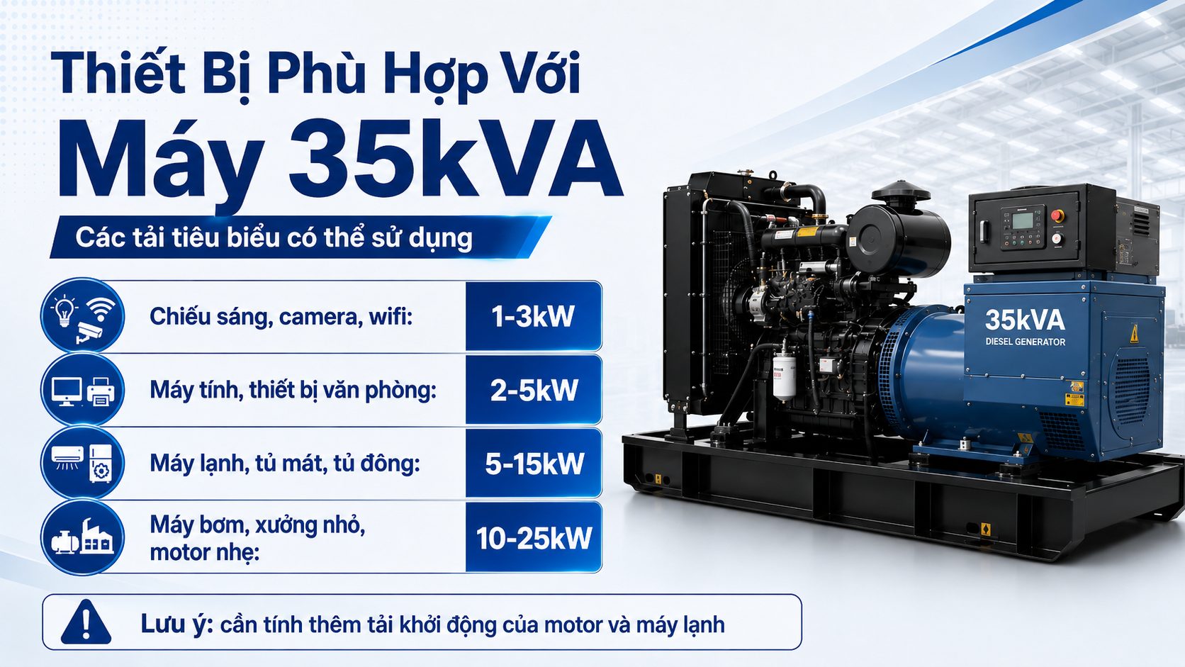 Các thiết bị phù hợp với máy phát điện 35kVA như chiếu sáng, máy lạnh, tủ đông, máy bơm và motor nhẹ