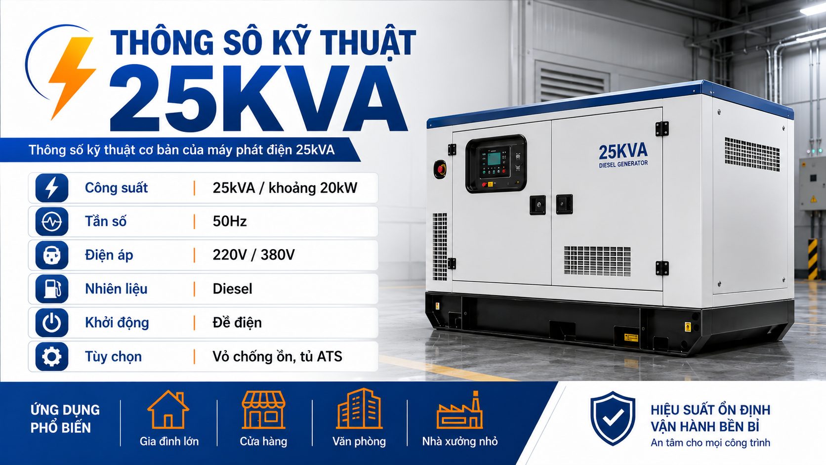 Thông số kỹ thuật máy phát điện 25kVA công suất 20kW điện áp 220V 380V chạy dầu diesel
