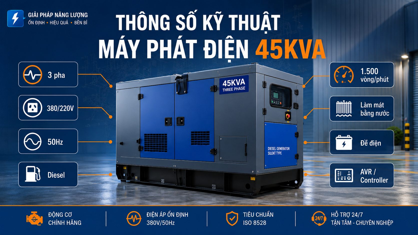 Thông số kỹ thuật máy phát điện 45kVA 3 pha điện áp 380V, tần số 50Hz và động cơ diesel