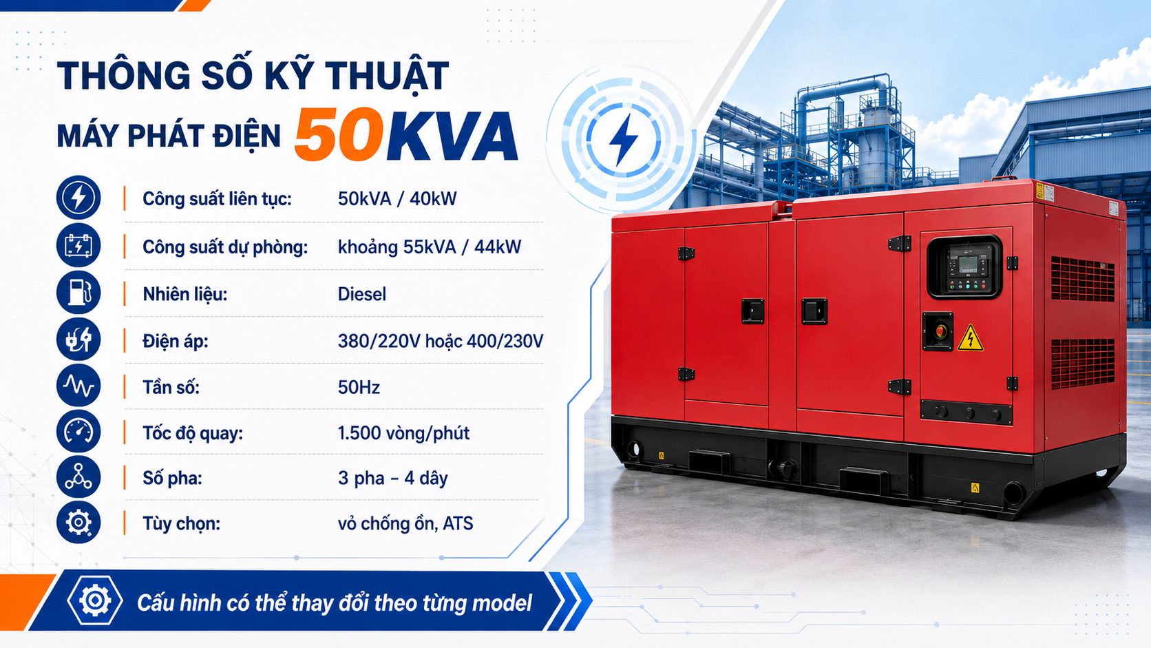 Thông số kỹ thuật máy phát điện diesel 50kVA 3 pha gồm công suất, điện áp, tần số và tùy chọn ATS