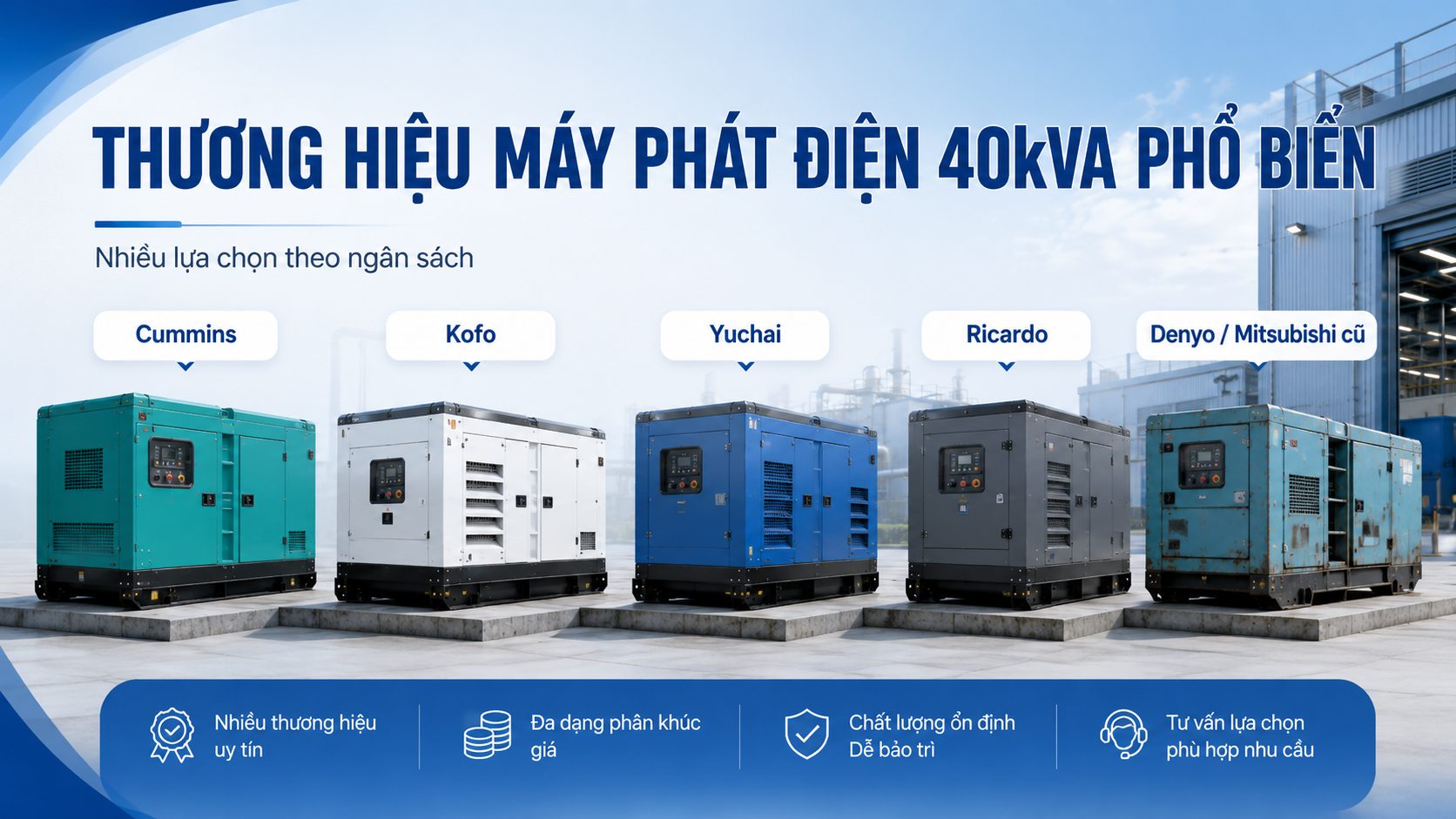 Các thương hiệu máy phát điện 40kVA phổ biến gồm Cummins, Kofo, Yuchai, Ricardo, Denyo và Mitsubishi cũ