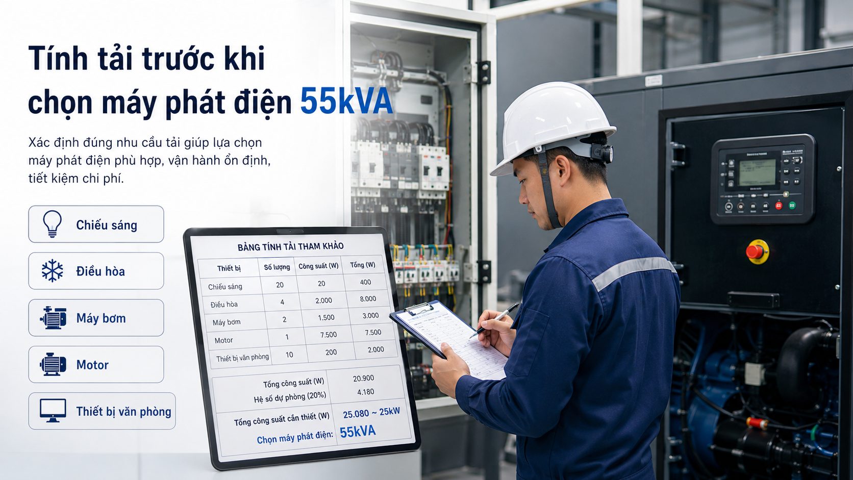 Kỹ thuật viên khảo sát và tính tải trước khi chọn máy phát điện 55kVA