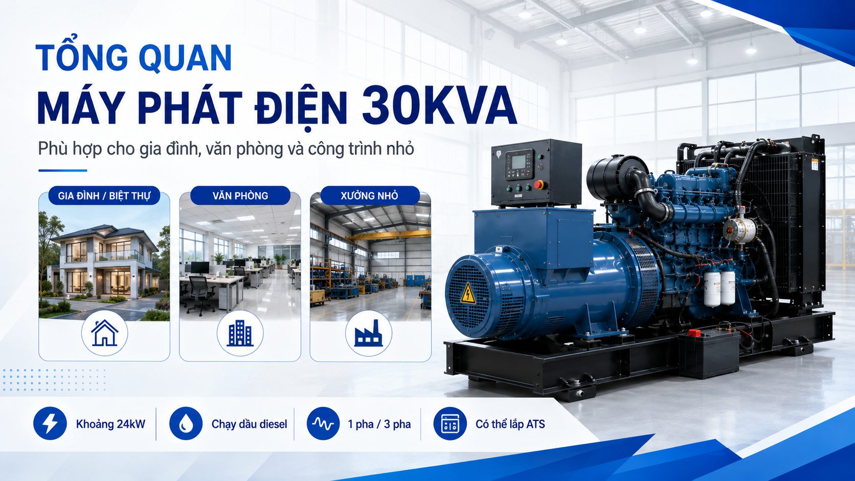 Tổng quan máy phát điện 30kVA phù hợp cho gia đình, văn phòng và công trình nhỏ