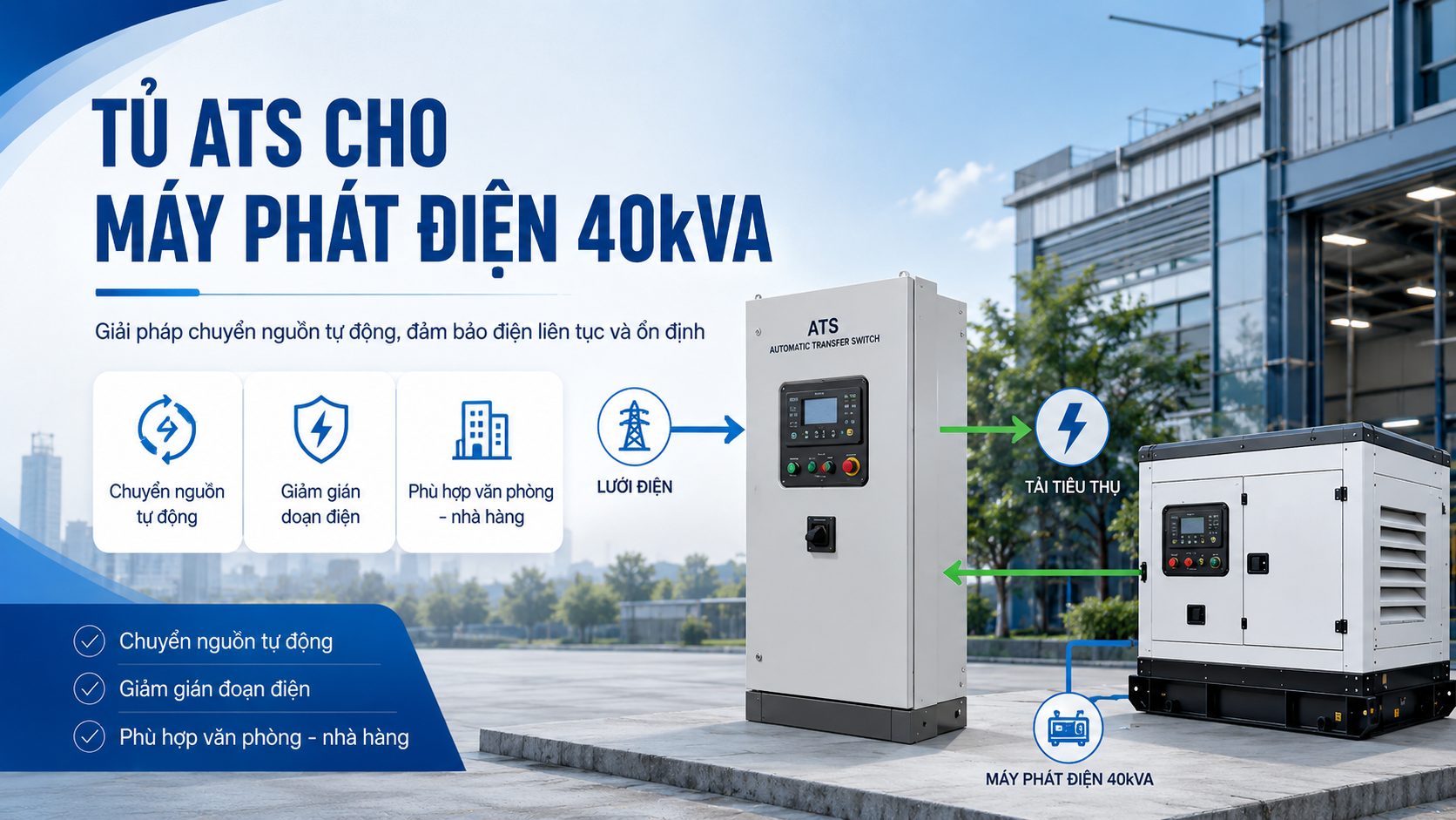 Tủ ATS cho máy phát điện 40kVA giúp chuyển nguồn tự động và giảm gián đoạn điện