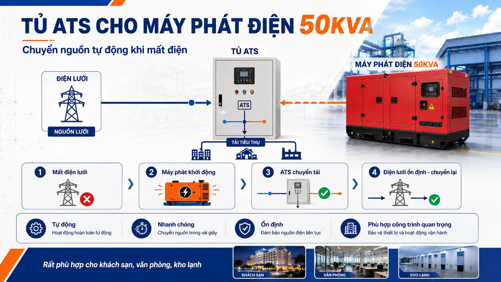 Sơ đồ tủ ATS cho máy phát điện 50kVA tự động chuyển nguồn khi mất điện lưới