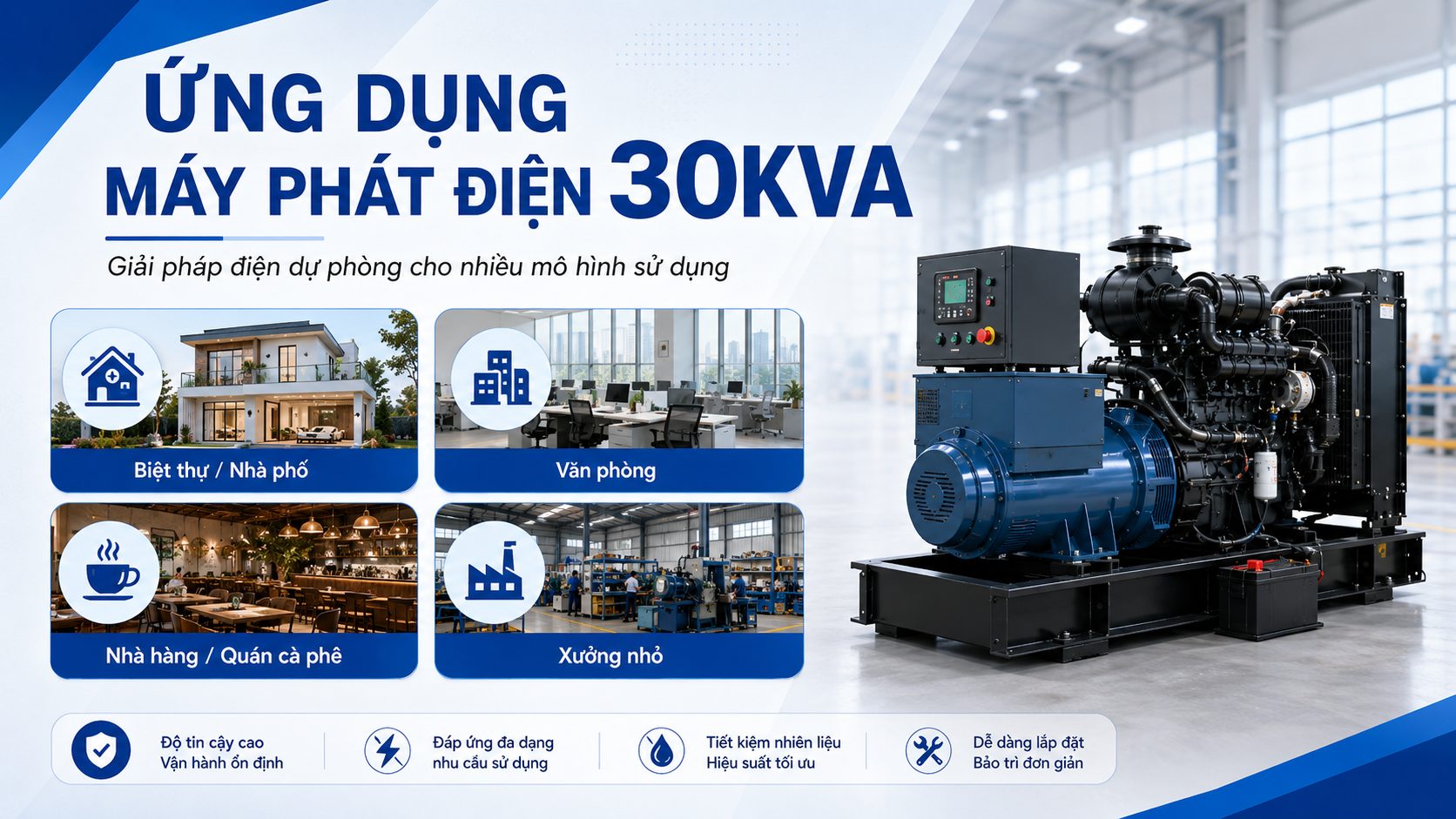 Ứng dụng máy phát điện 30kVA cho biệt thự, văn phòng, nhà hàng và xưởng nhỏ