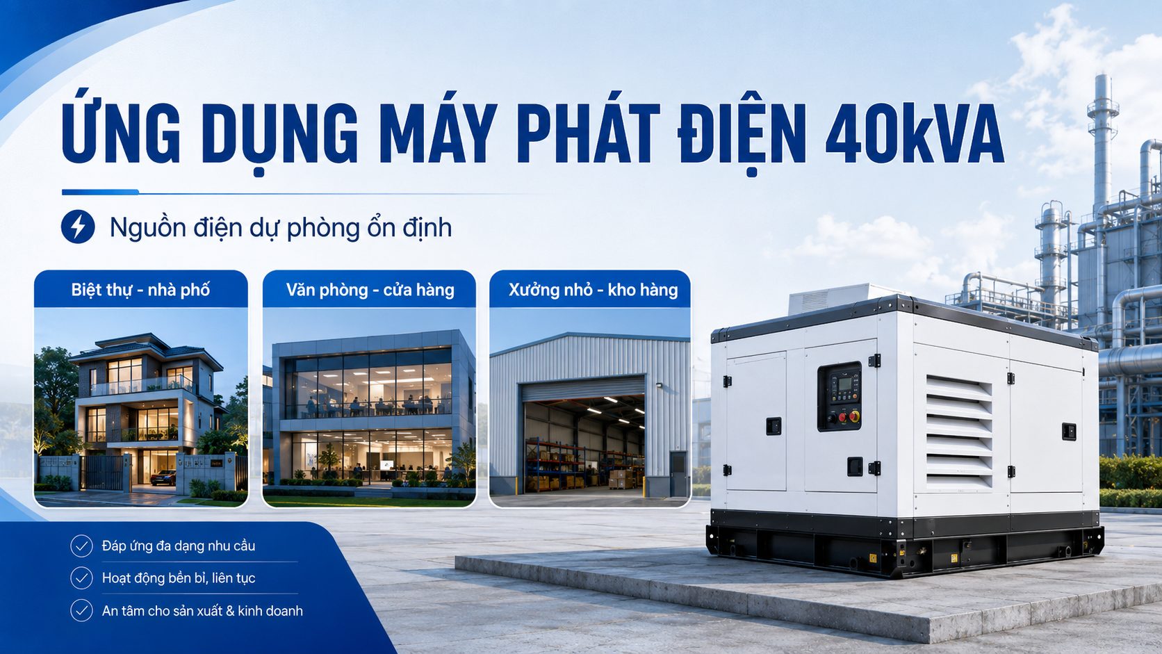 Ứng dụng máy phát điện 40kVA cho biệt thự, văn phòng, cửa hàng, xưởng nhỏ và kho hàng