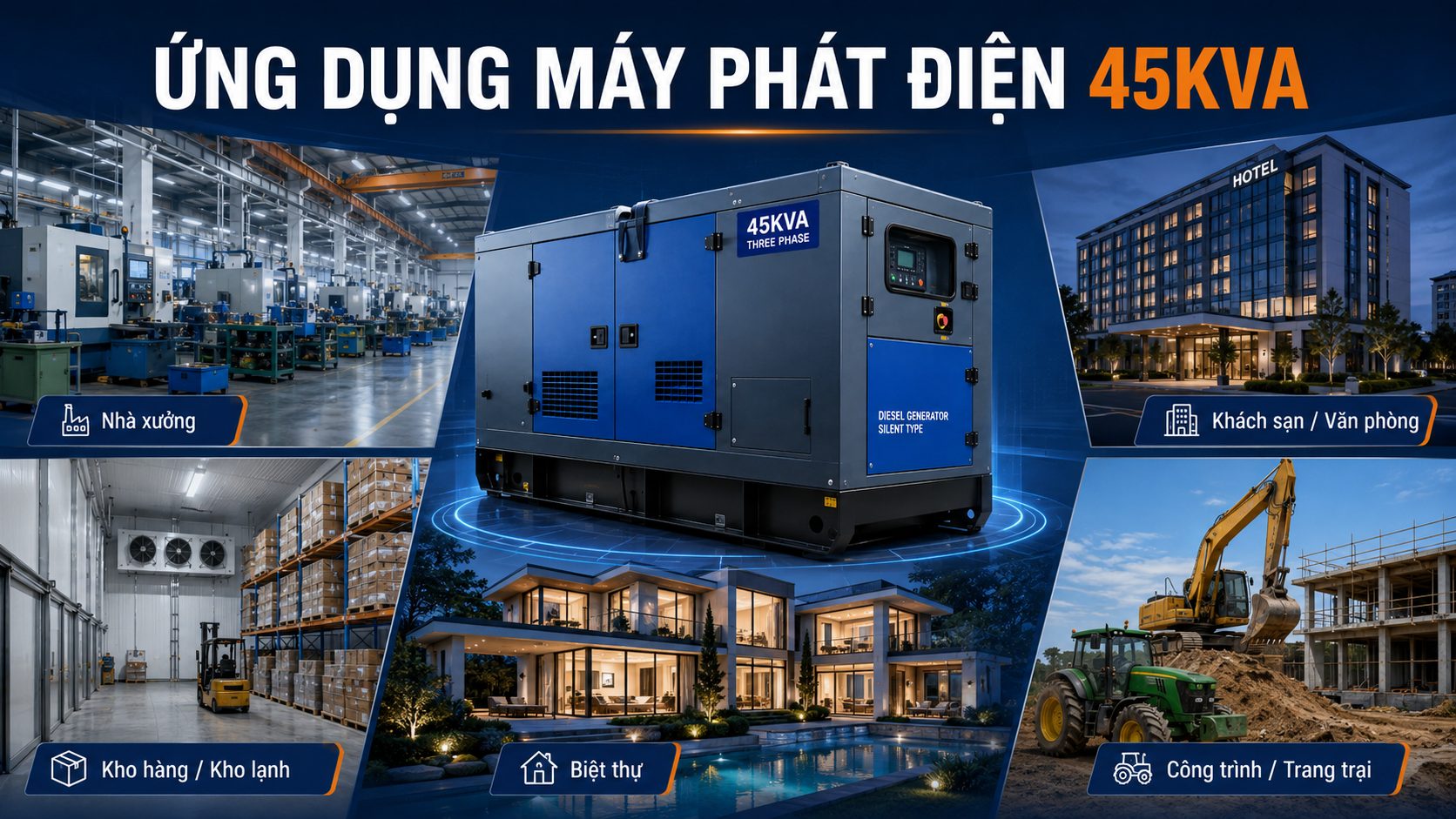 Ứng dụng máy phát điện 45kVA cho nhà xưởng, khách sạn, kho lạnh, biệt thự và công trình xây dựng
