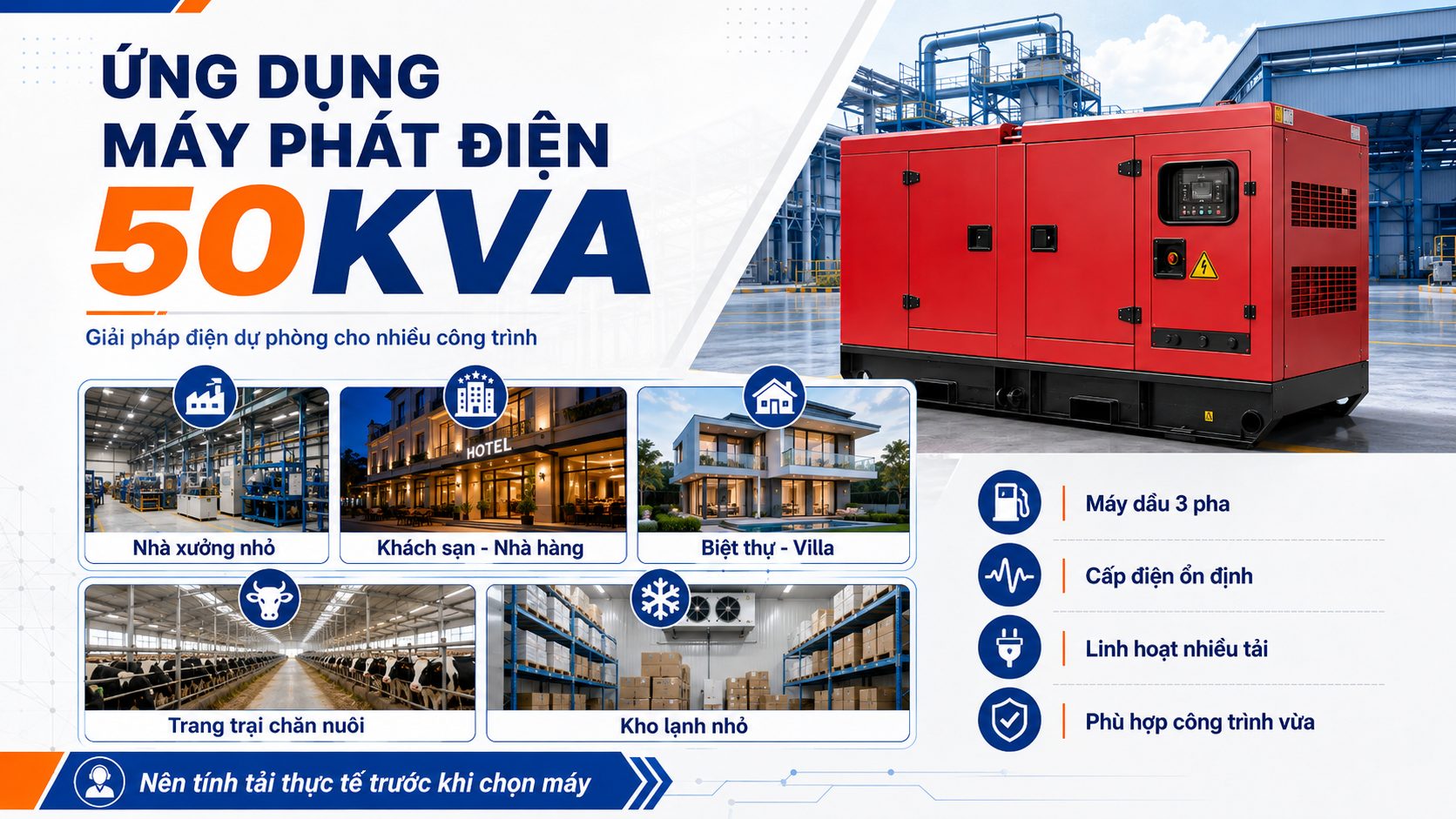 Ứng dụng máy phát điện 50kVA cho nhà xưởng nhỏ, khách sạn, biệt thự, trang trại và kho lạnh