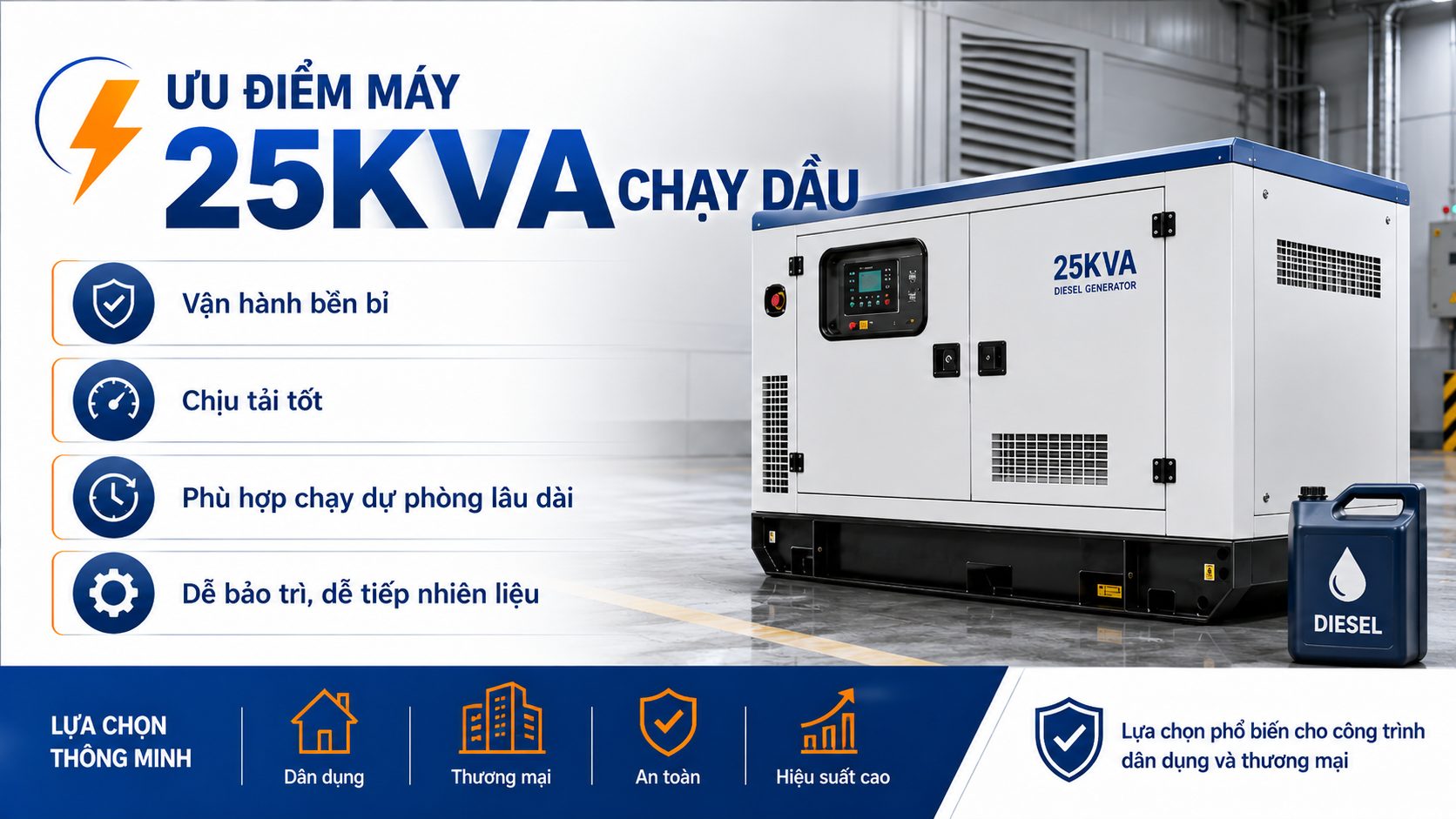 Ưu điểm máy phát điện 25kVA chạy dầu diesel vận hành bền bỉ chịu tải tốt và dễ bảo trì