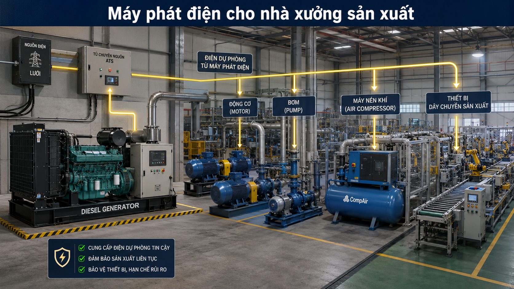 Máy phát điện cấp nguồn dự phòng cho nhà xưởng sản xuất, motor, bơm, máy nén khí và dây chuyền