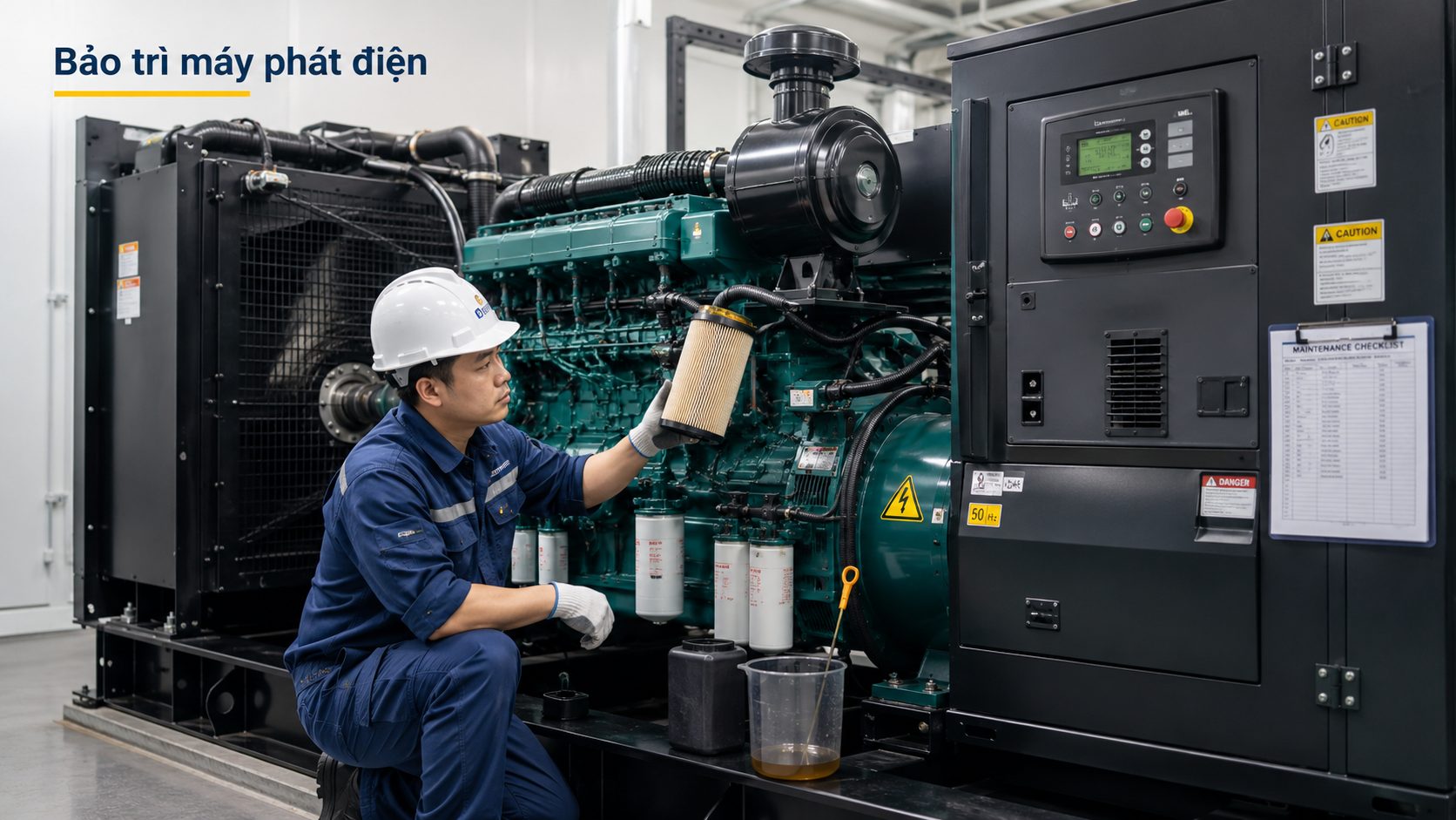 Bảo trì máy phát điện công nghiệp với kiểm tra lọc dầu, lọc gió, dầu nhớt, controller và hệ thống vận hành