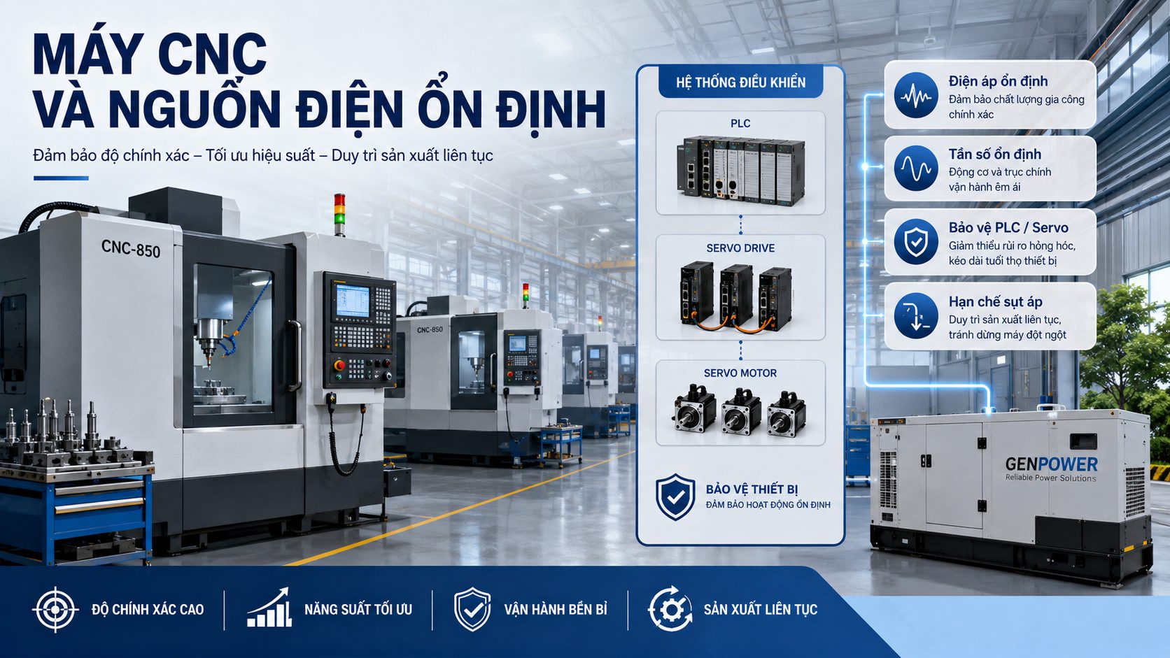 Máy CNC, PLC và servo cần nguồn điện ổn định từ máy phát điện công nghiệp