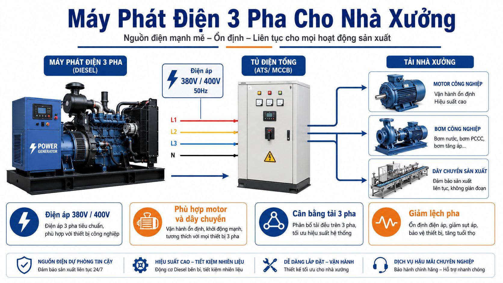 Máy phát điện 3 pha cấp nguồn cho motor, bơm công nghiệp và dây chuyền sản xuất nhà xưởng