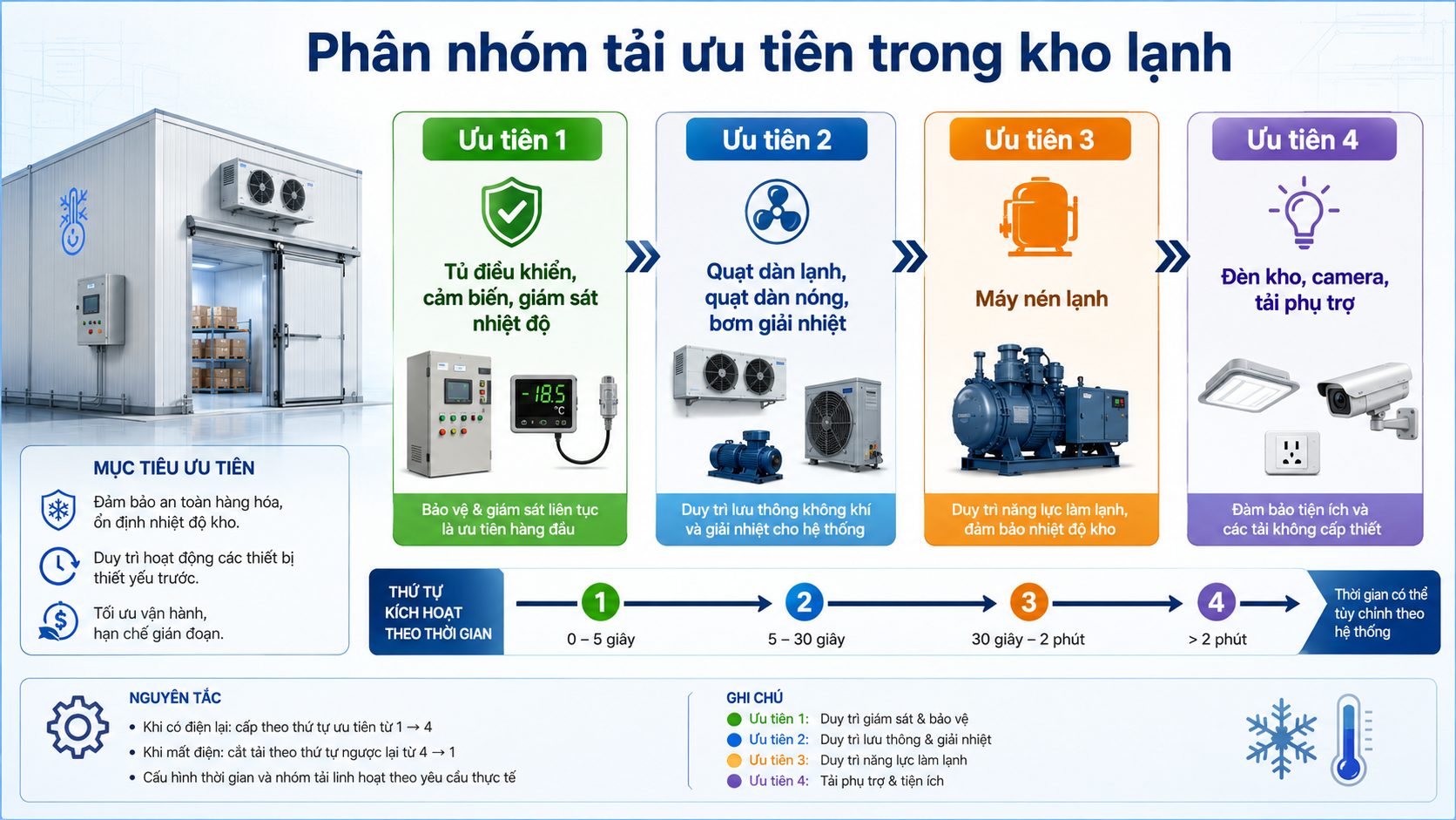 Phân nhóm tải ưu tiên trong kho lạnh gồm tủ điều khiển, quạt dàn lạnh, máy nén và tải phụ trợ
