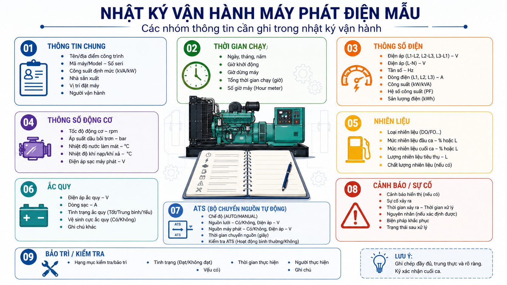 Infographic các nhóm thông tin cần ghi trong nhật ký vận hành máy phát điện
