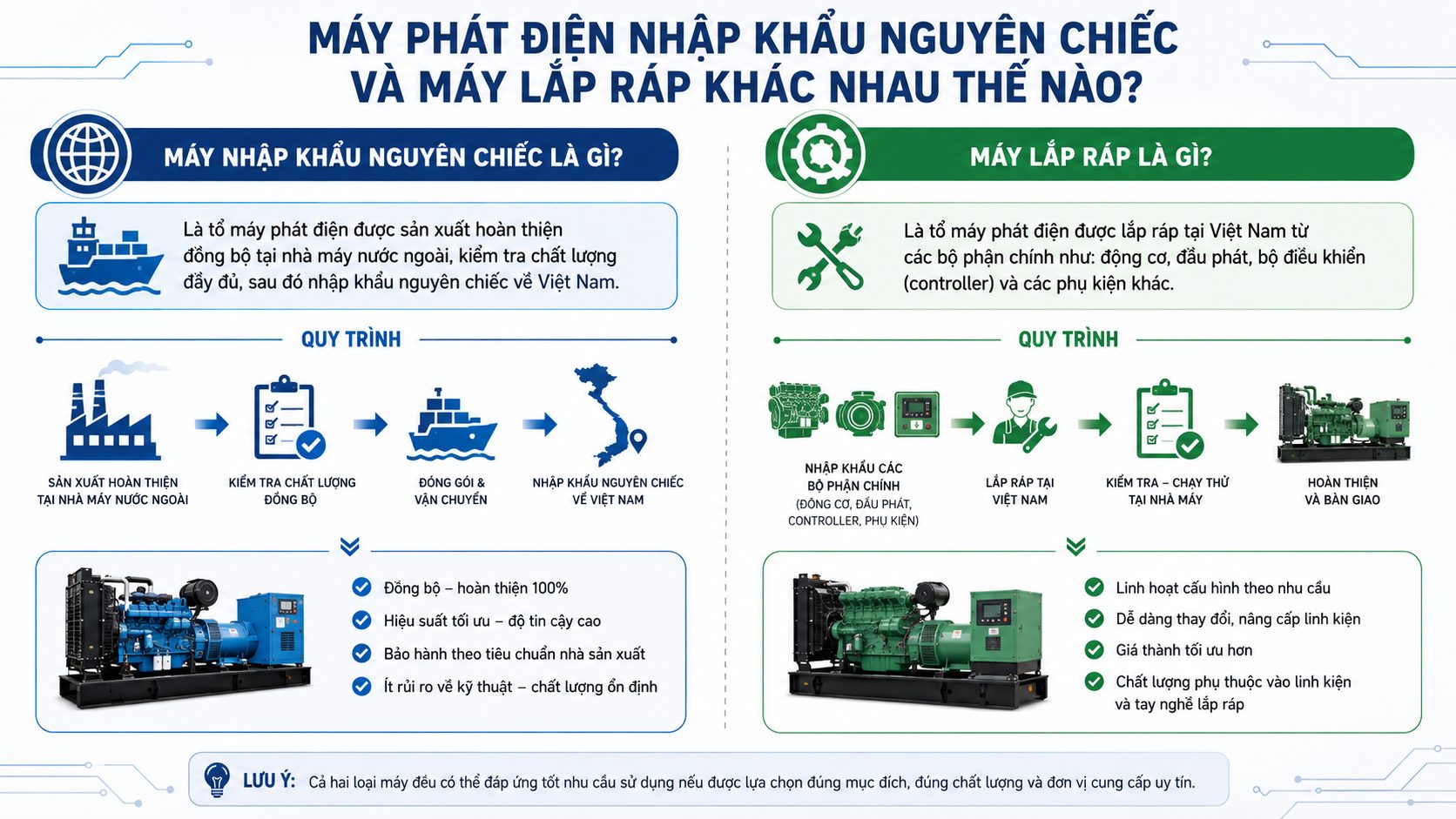 Infographic giải thích máy phát điện nhập khẩu nguyên chiếc và máy phát điện lắp ráp là gì