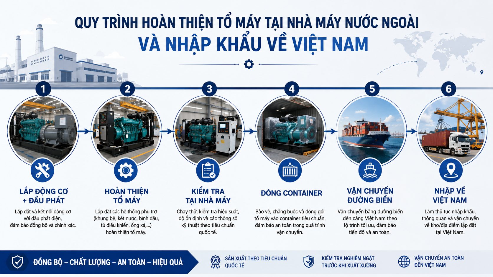 Quy trình hoàn thiện máy phát điện tại nhà máy nước ngoài và nhập khẩu nguyên chiếc về Việt Nam