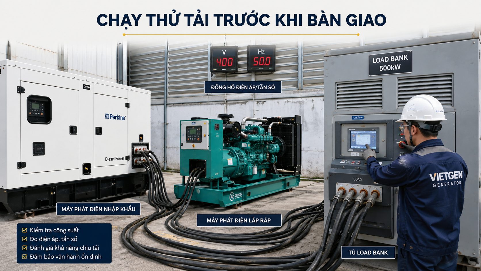Chạy thử tải máy phát điện nhập khẩu và máy lắp ráp bằng Load Bank trước khi bàn giao
